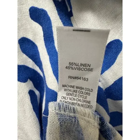 Size Large Linen Blend Resort Blue Boho Tropical Pool Vacation Ruffle Blouse Top - Picture 9 of 11